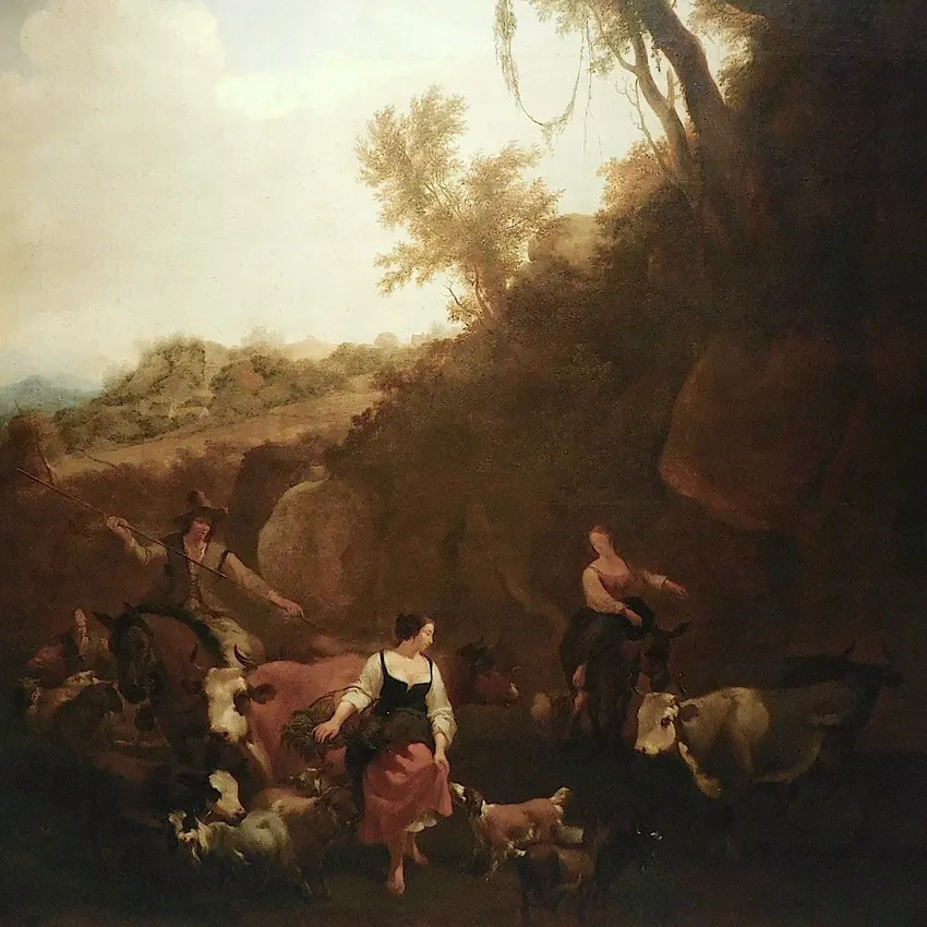 People tending goats in countryside setting