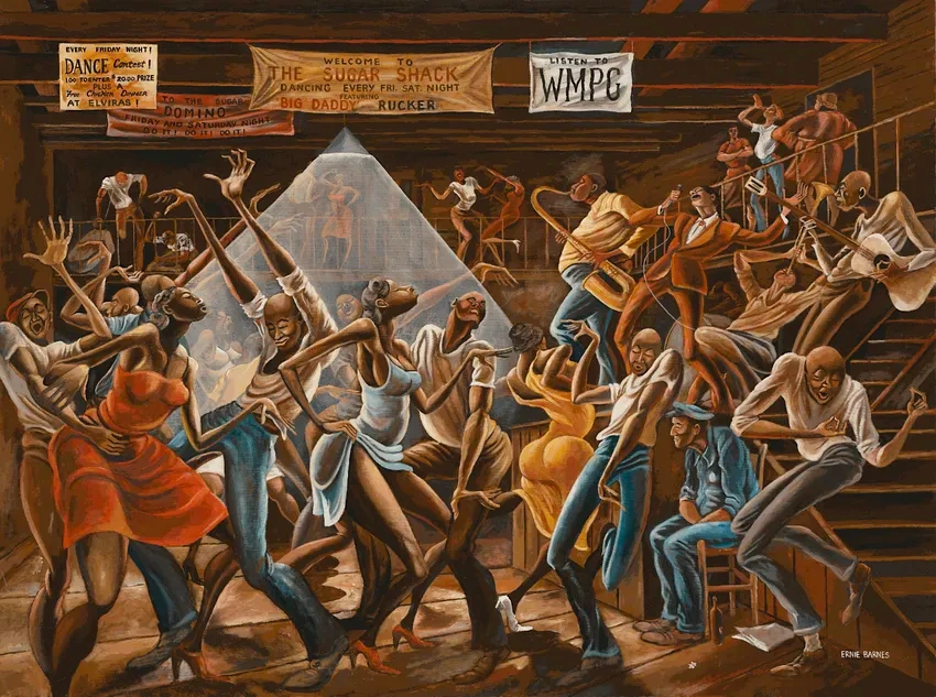 Energetic dance scene in vibrant painting