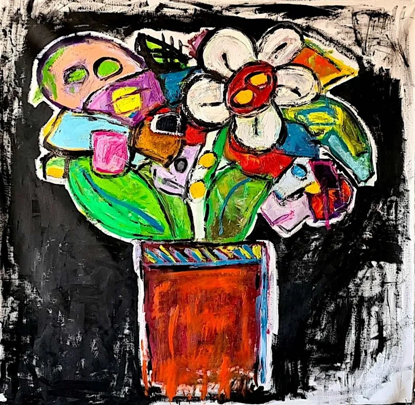 Abstract flower painting with colorful shapes