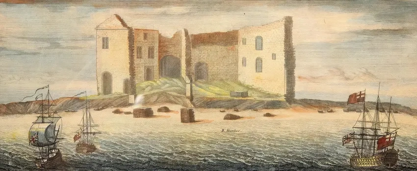 Historic coastal castle with sailing ships