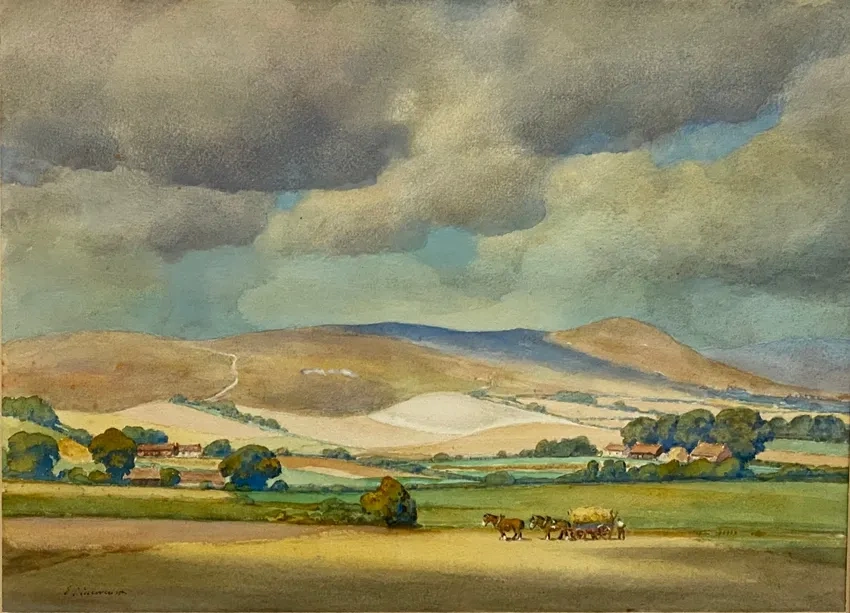 Rolling hills and farmland scene