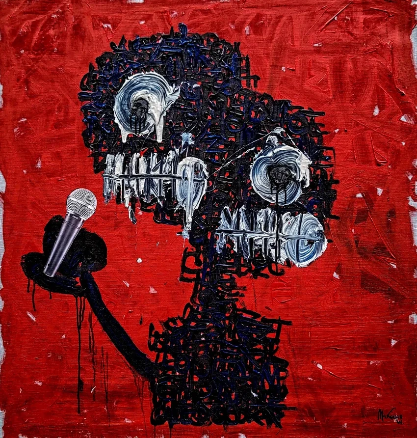 Abstract figure with microphone on red background