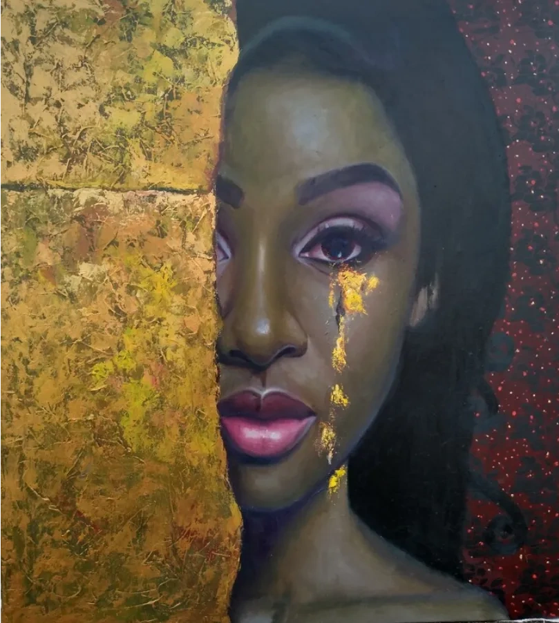 Half-hidden face with textured background