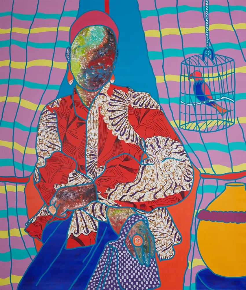 Vibrant abstract portrait with birdcage