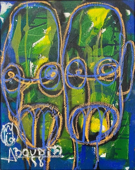 Abstract faces with vibrant colors and lines.