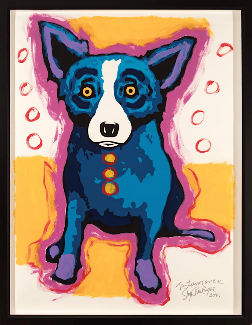 Whimsical painting of a blue dog