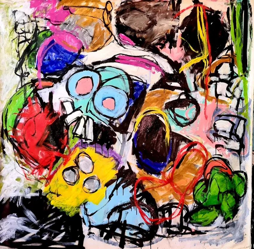 Colorful abstract painting with bold shapes.
