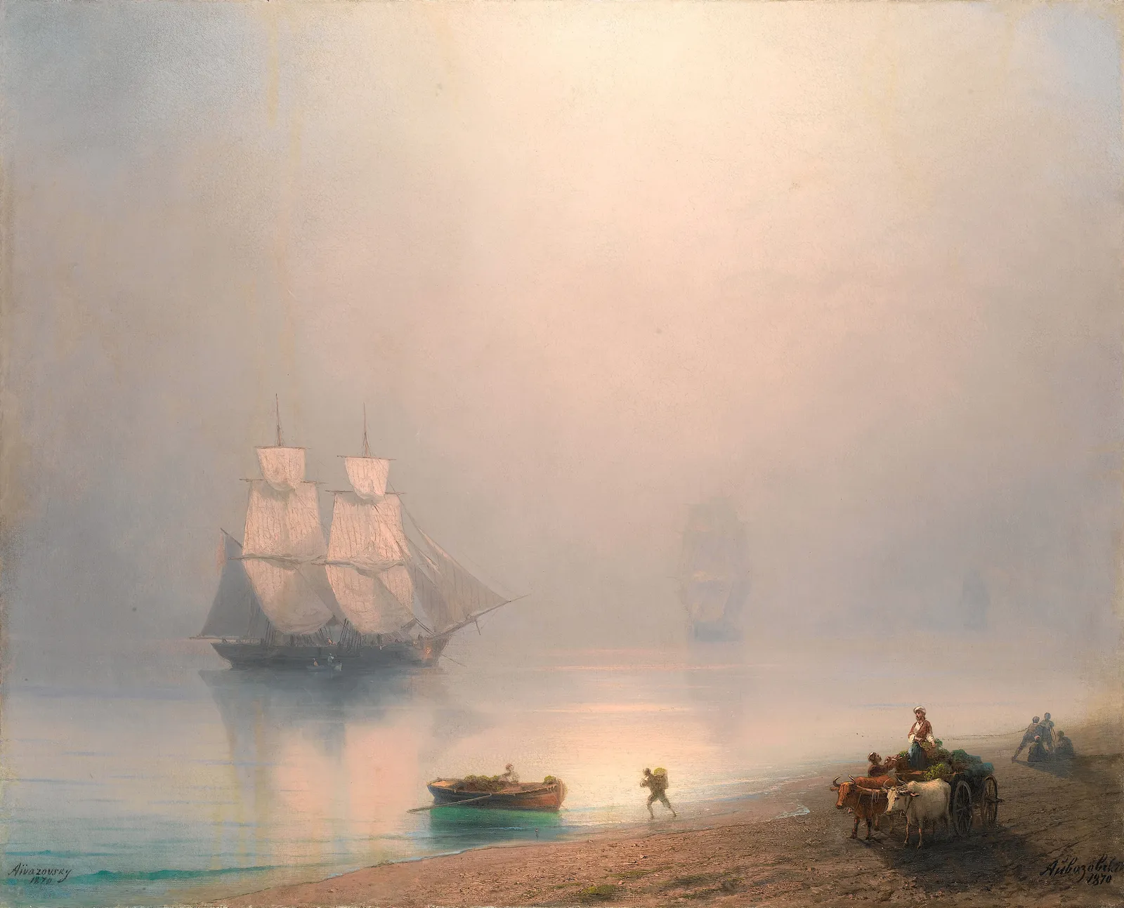 Foggy morning with sailing vessels