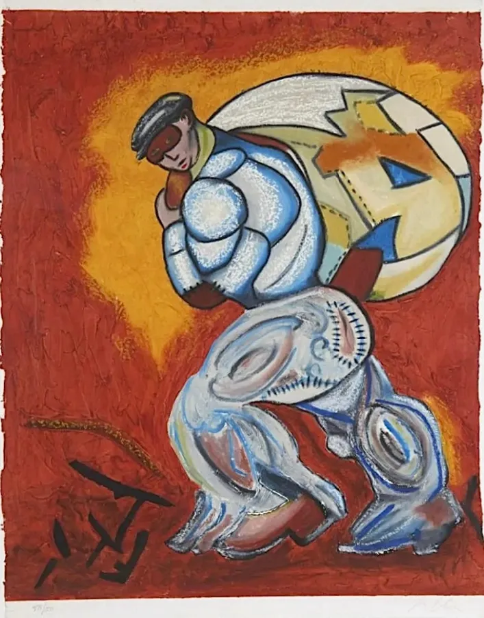 Man carrying large round object