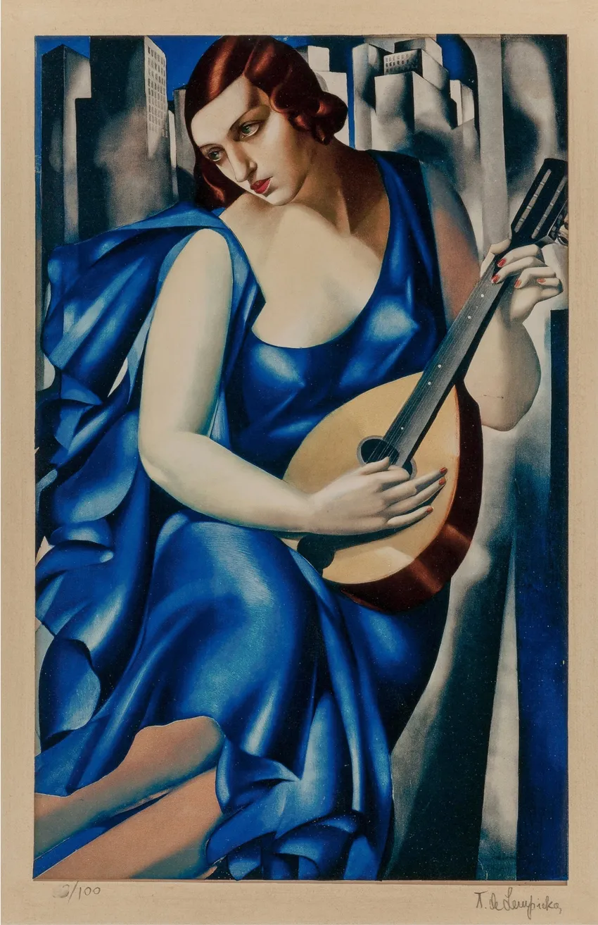 Elegant woman with mandolin in cityscape