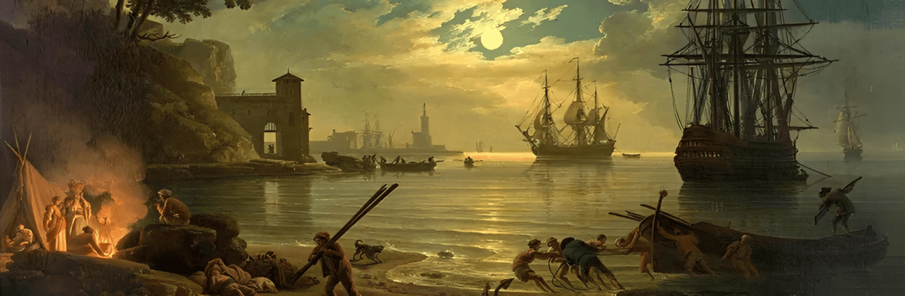 Seaside scene with ships under moonlight