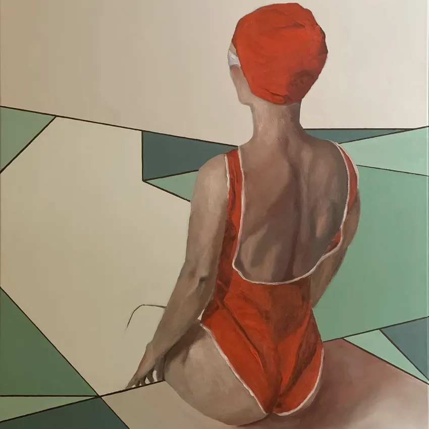 Geometric background with seated woman