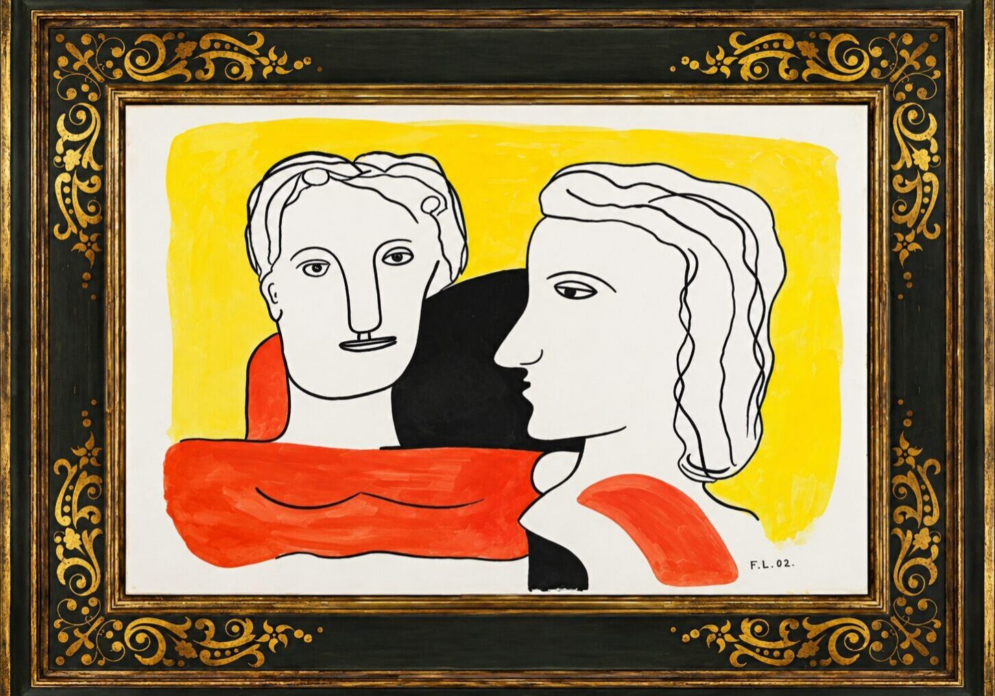 Color in Dialogue exhibition cover: two figures against a yellow background in a black and gold frame