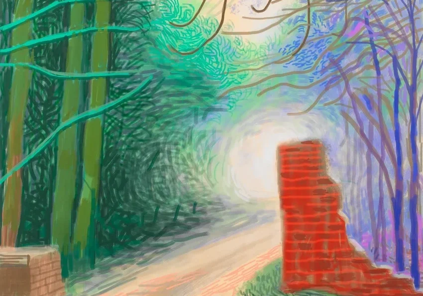 Colorful forest path with brick wall