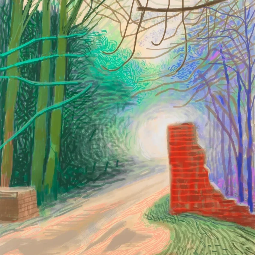 Colorful forest path with brick wall