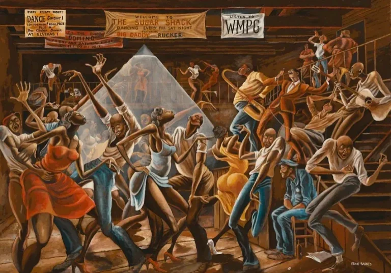 Energetic dance scene in vibrant painting