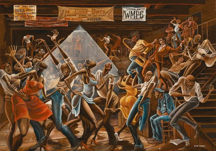 Energetic dance scene in vibrant painting