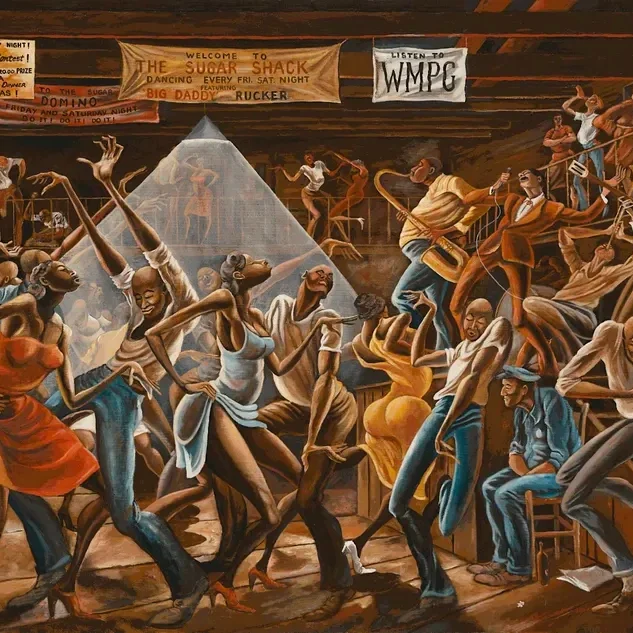 Energetic dance scene in vibrant painting