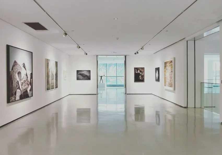 Modern art gallery interior with paintings