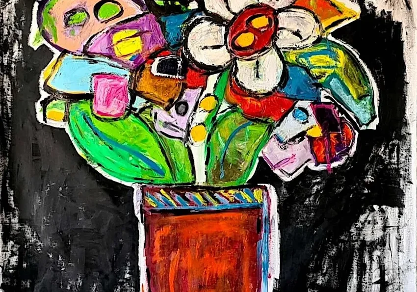 Abstract flower painting with colorful shapes