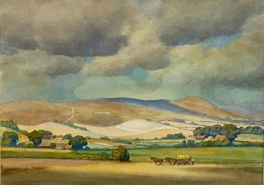 Rolling hills and farmland scene