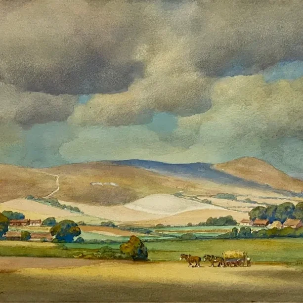 Rolling hills and farmland scene