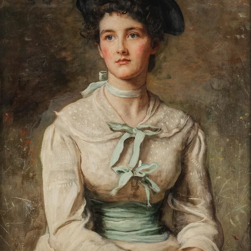 Victorian-era woman with a ribbon hat