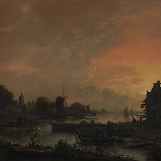 Sunset over a rural river landscape