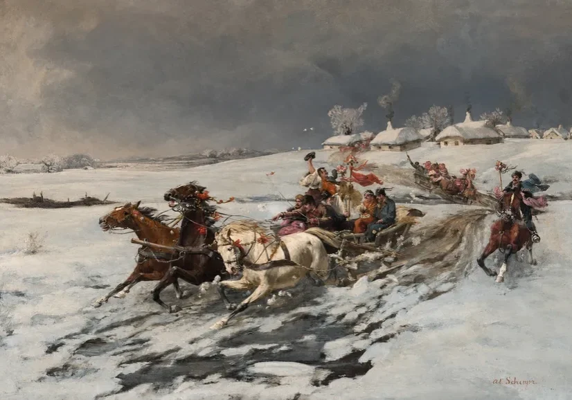 Horse-drawn sleighs racing through snow