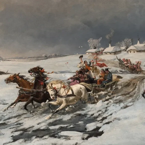 Horse-drawn sleighs racing through snow