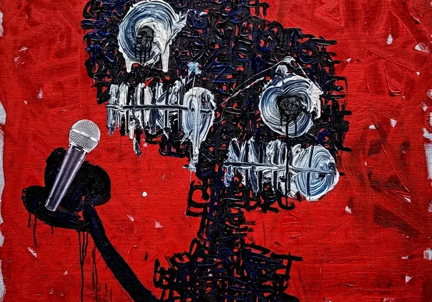 Abstract figure with microphone on red background