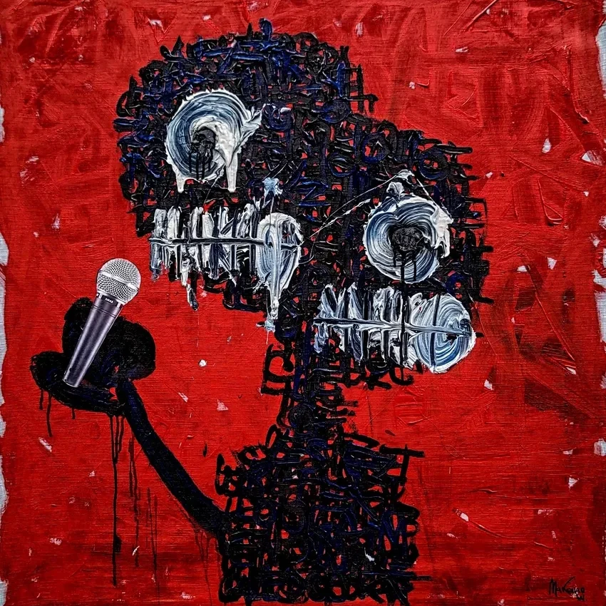 Abstract figure with microphone on red background