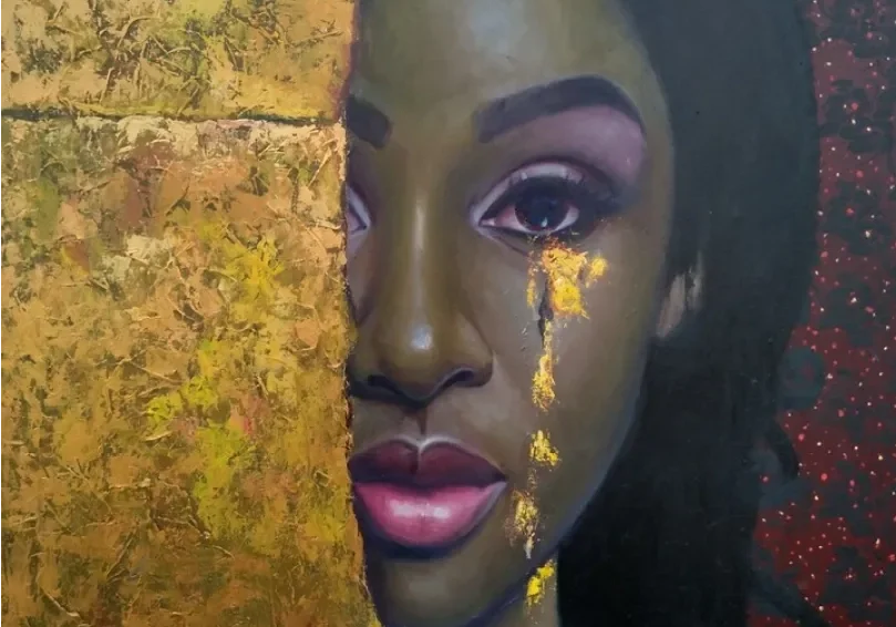 Half-hidden face with textured background