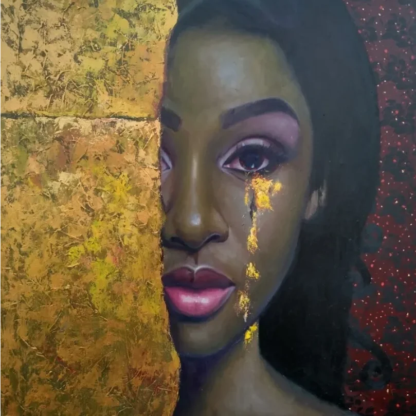 Half-hidden face with textured background
