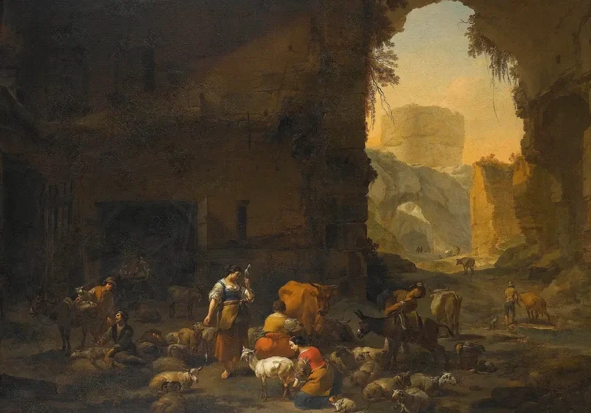 Pastoral scene with animals and ruins
