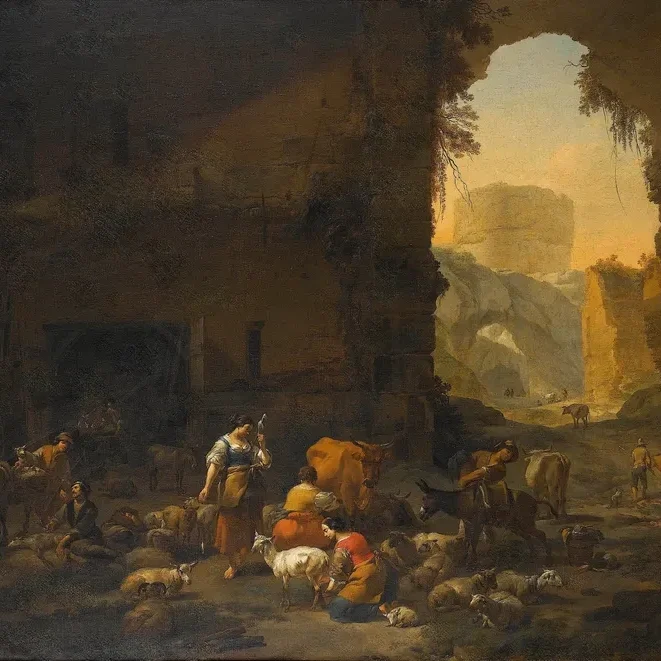 Pastoral scene with animals and ruins
