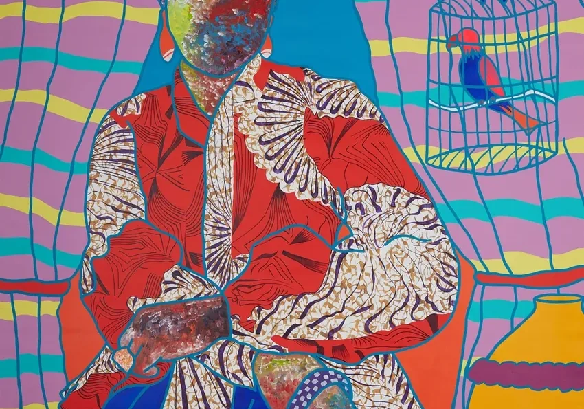 Vibrant abstract portrait with birdcage