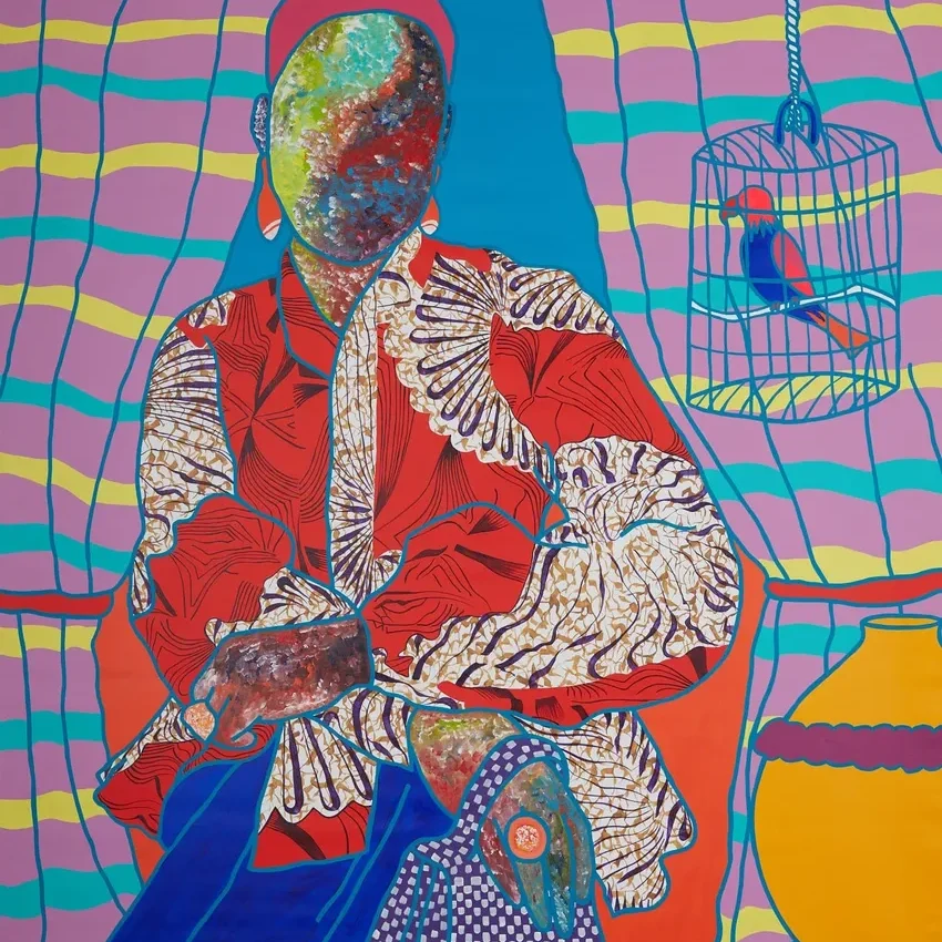 Vibrant abstract portrait with birdcage