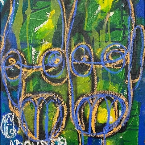Abstract faces with vibrant colors and lines.