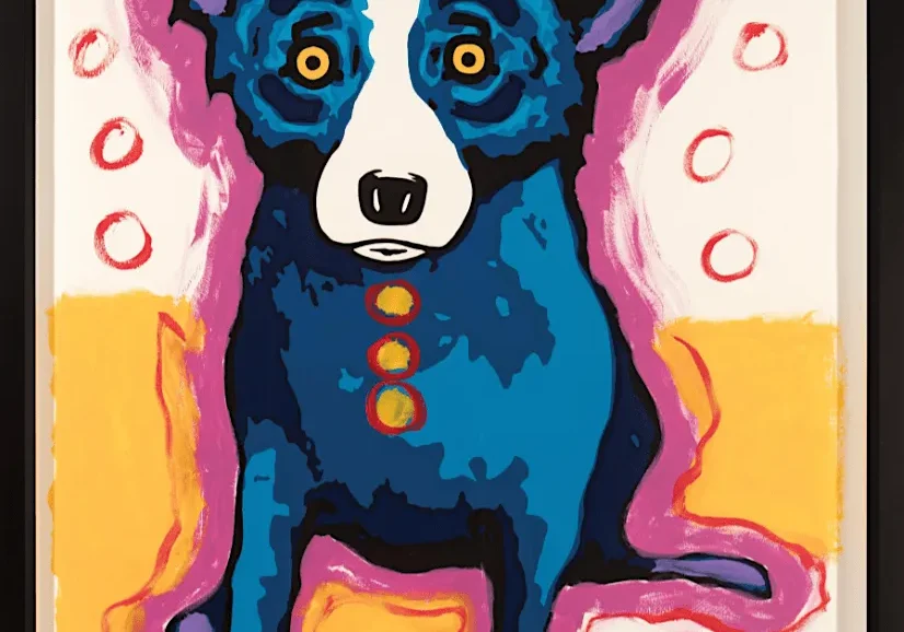 Whimsical painting of a blue dog