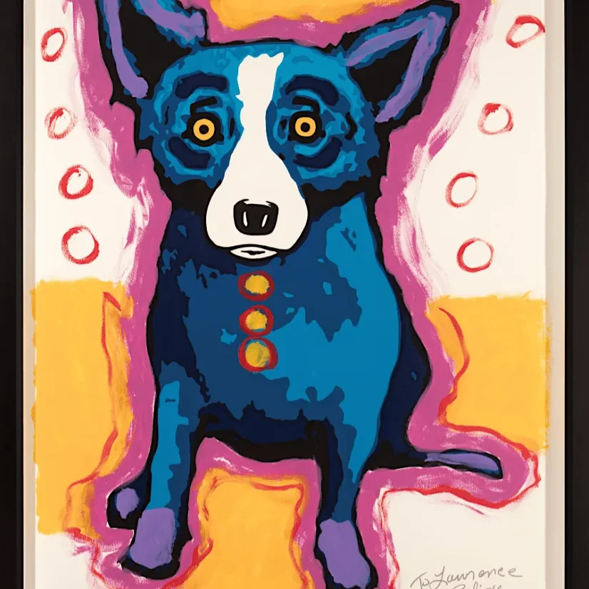 Whimsical painting of a blue dog