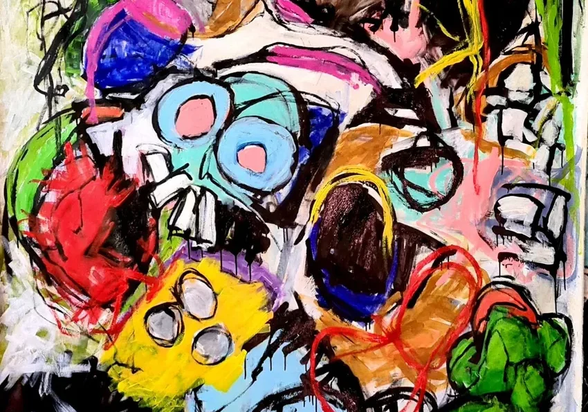 Colorful abstract painting with bold shapes.