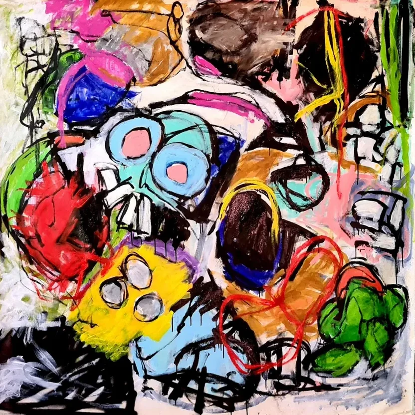 Colorful abstract painting with bold shapes.