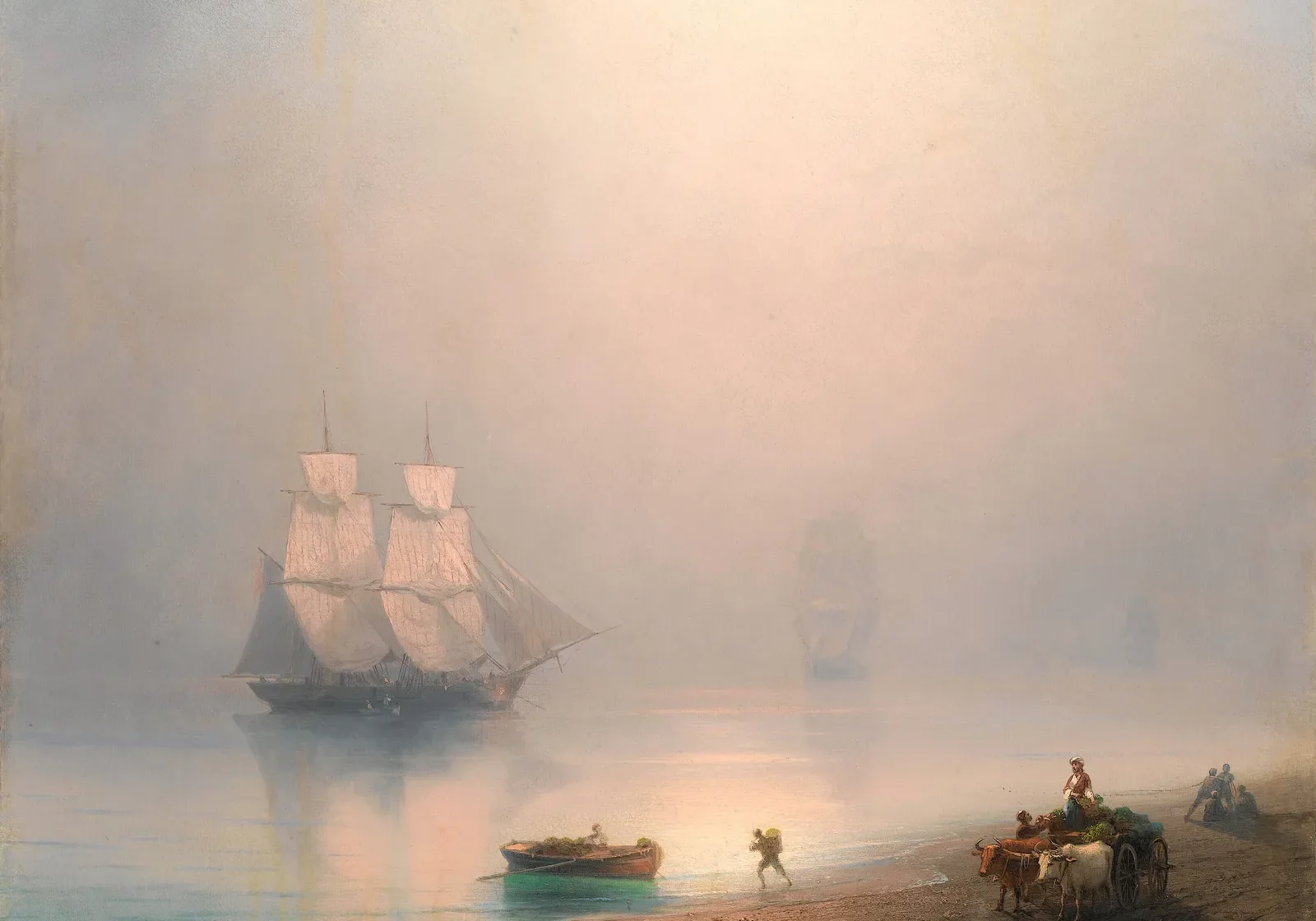 Foggy morning with sailing vessels