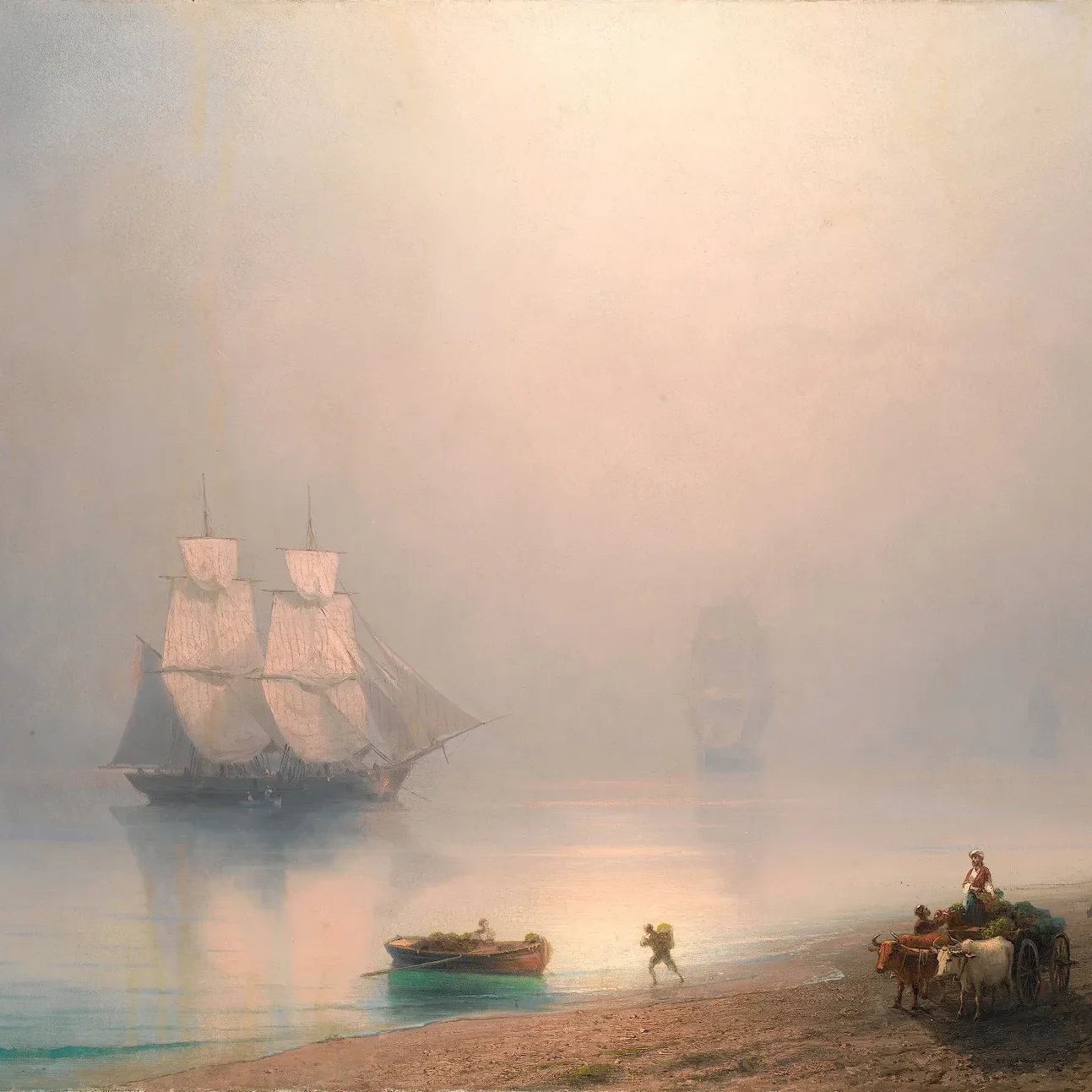 Foggy morning with sailing vessels