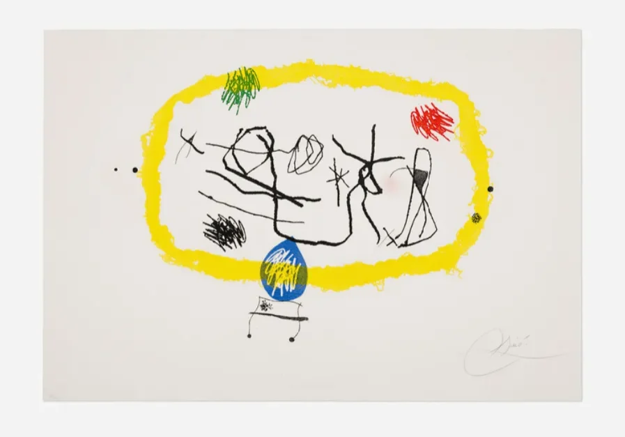 Joan Miró, Personatges solars (1974), with a bright yellow oval surrounding black linear figures and red, green and blue accents on pale paper