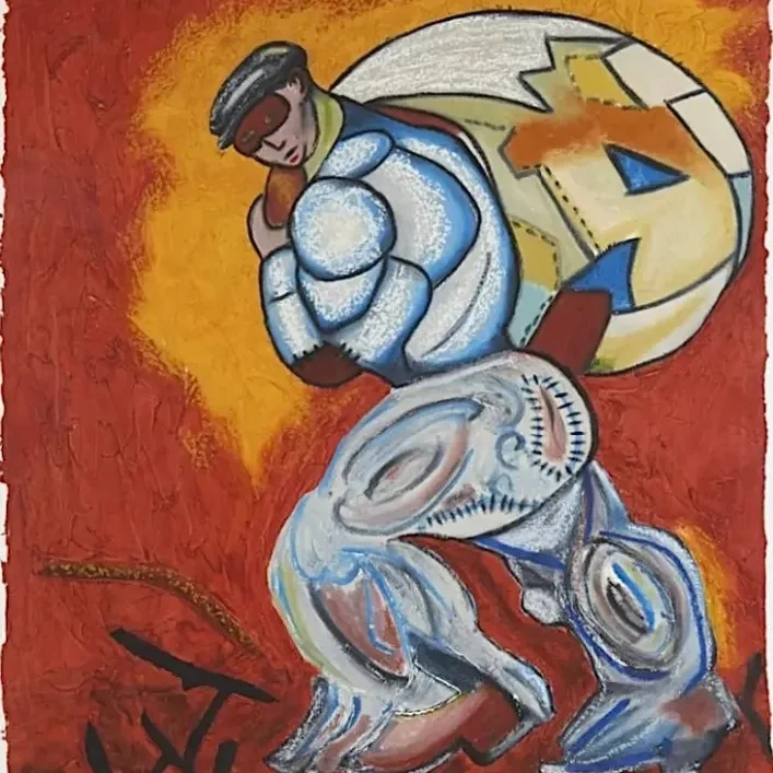Man carrying large round object