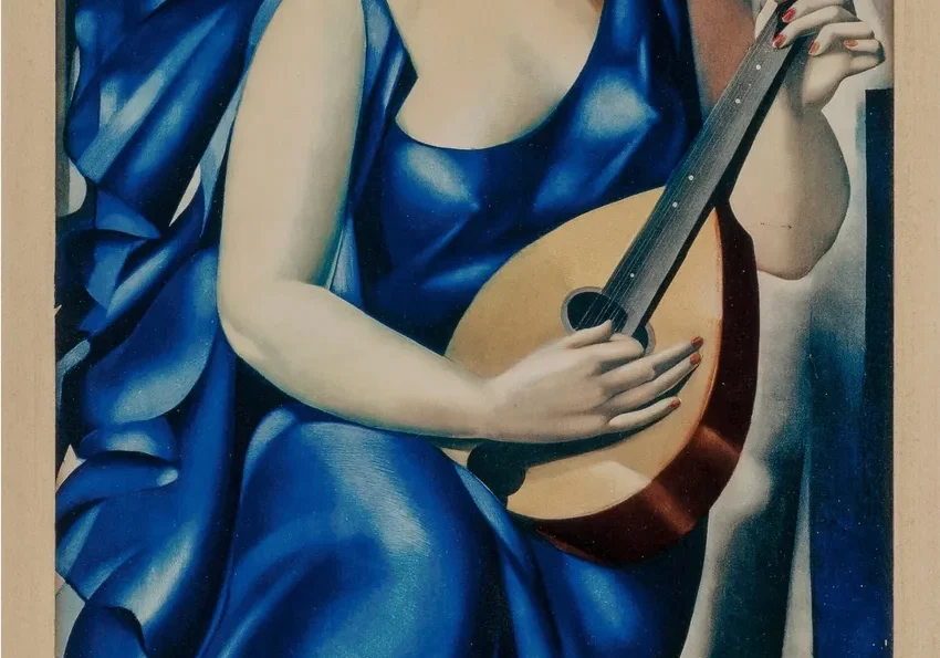 Elegant woman with mandolin in cityscape