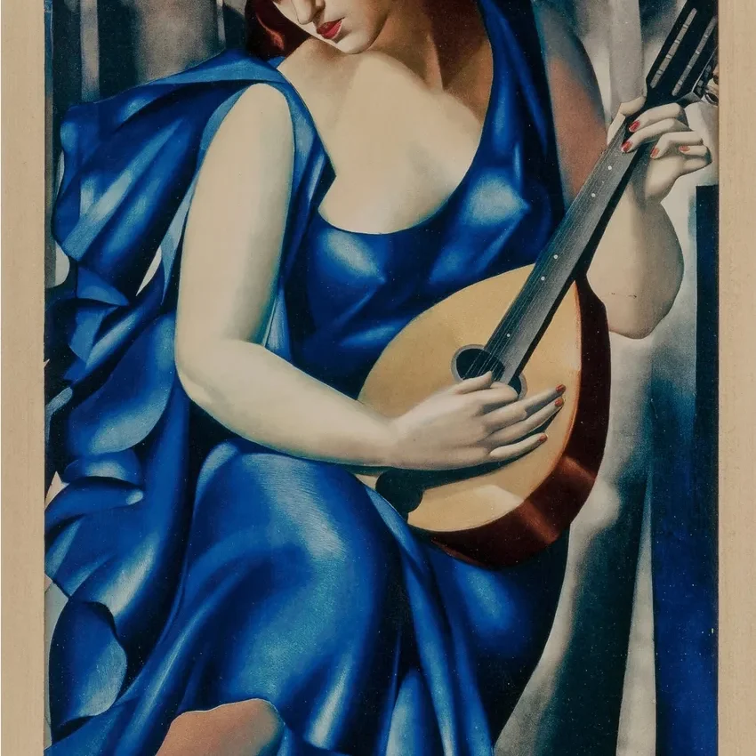 Elegant woman with mandolin in cityscape