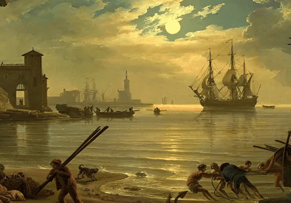 Seaside scene with ships under moonlight